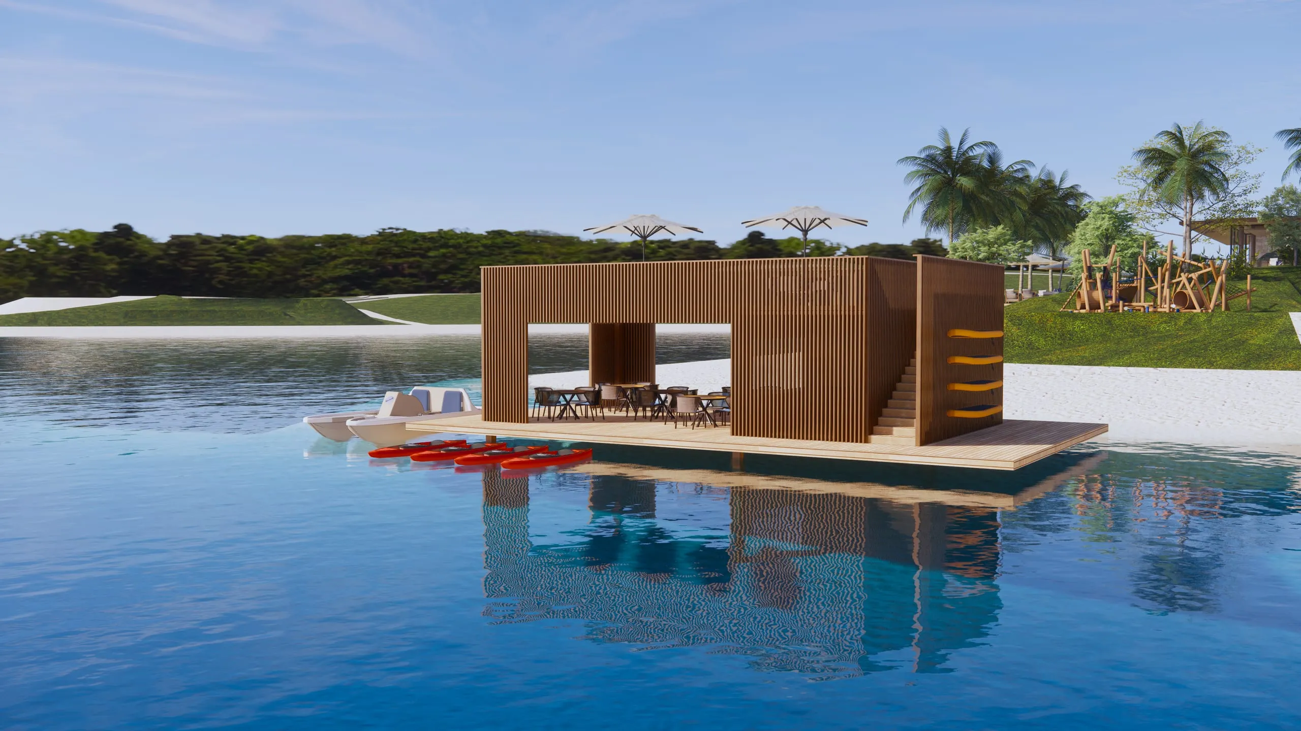 Cable park de wakeboard sobre a lagoa