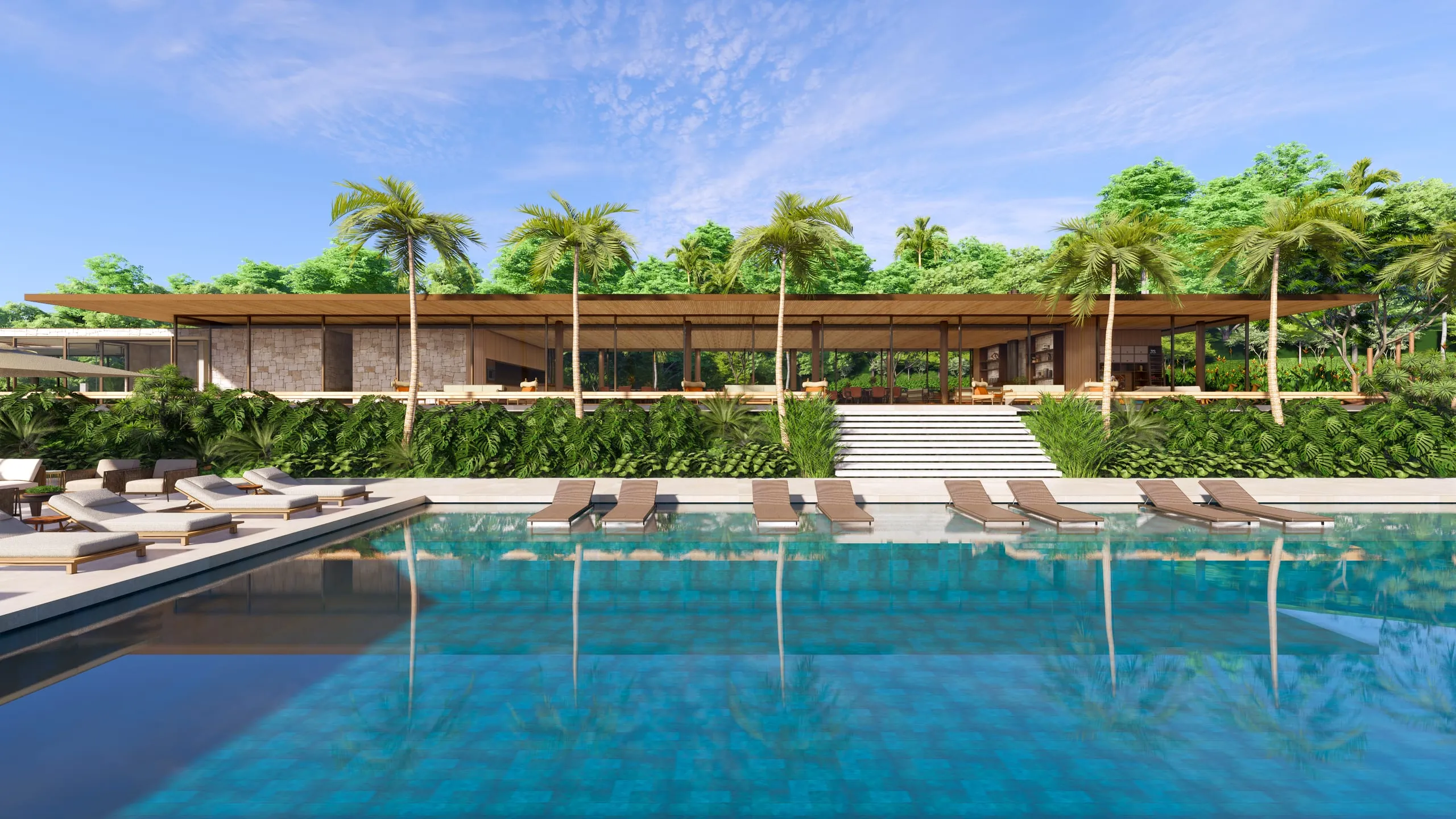 Clube social com piscina de borda infinita