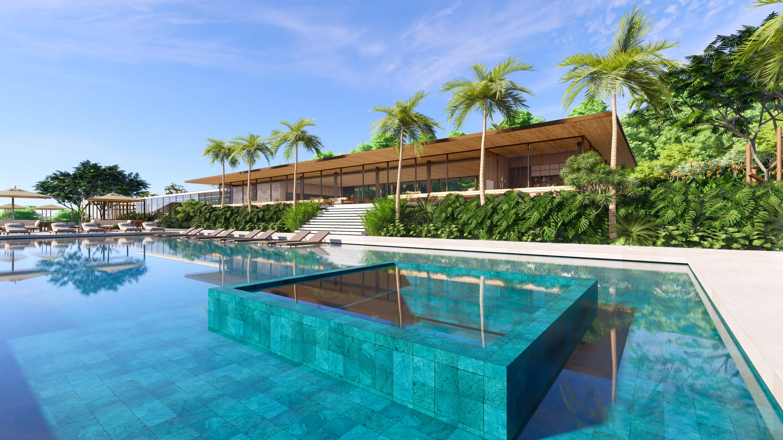 Piscina adulto com borda infinita e revestimento verde-água