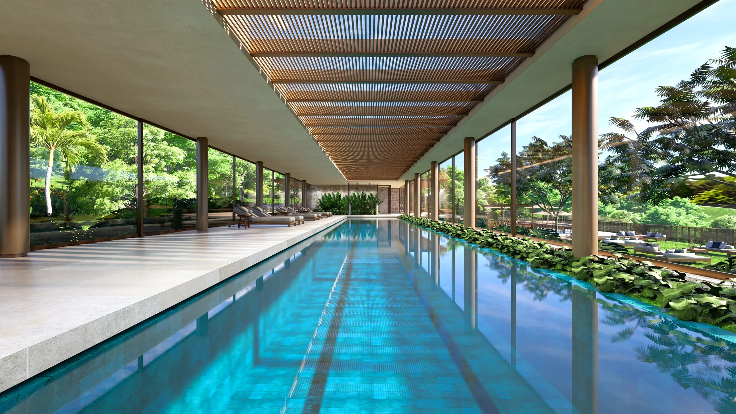 Piscina coberta de raia com pergolado de madeira
