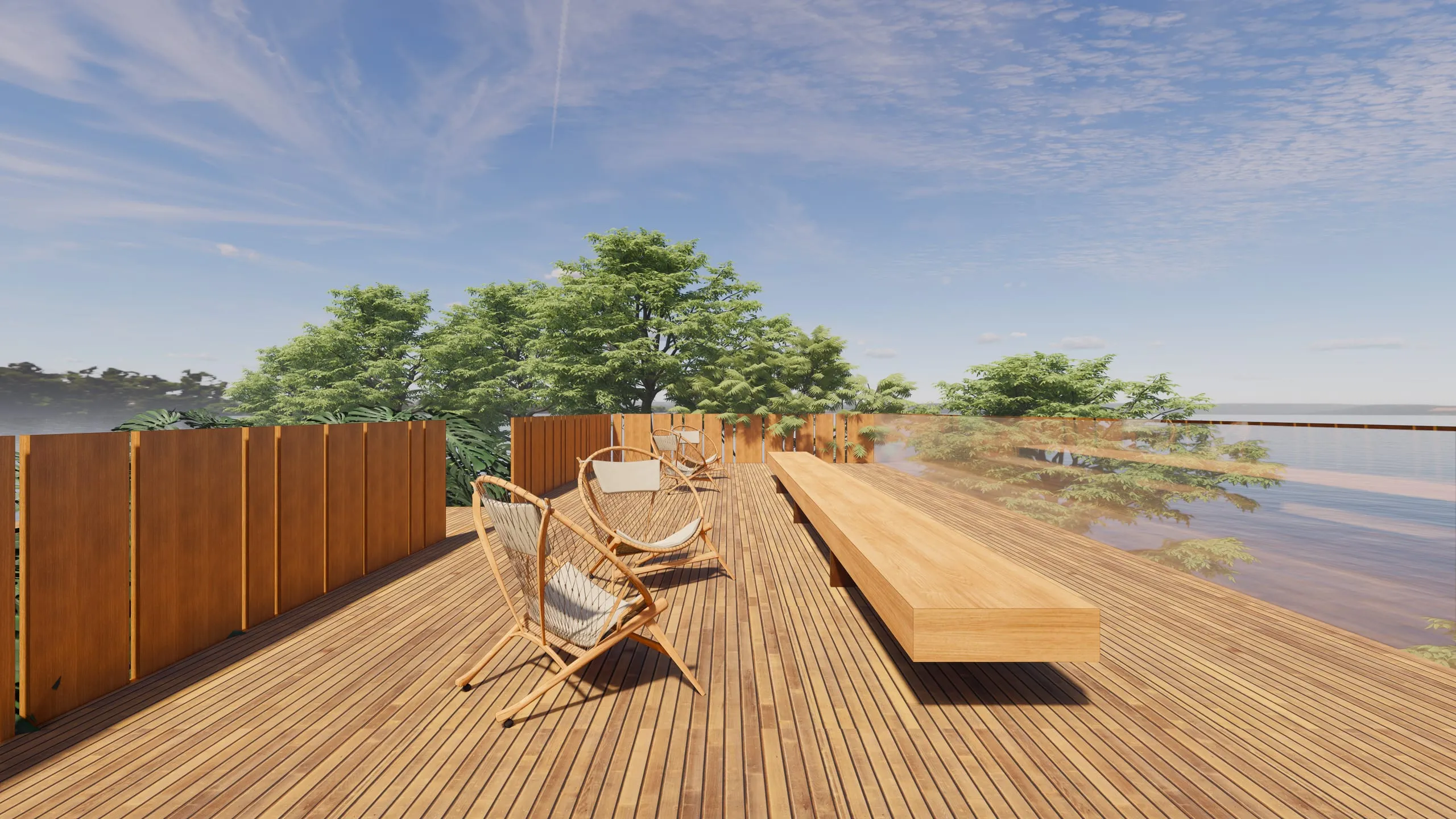 Deck da Lagoa com mesa comunitária de frente para a água