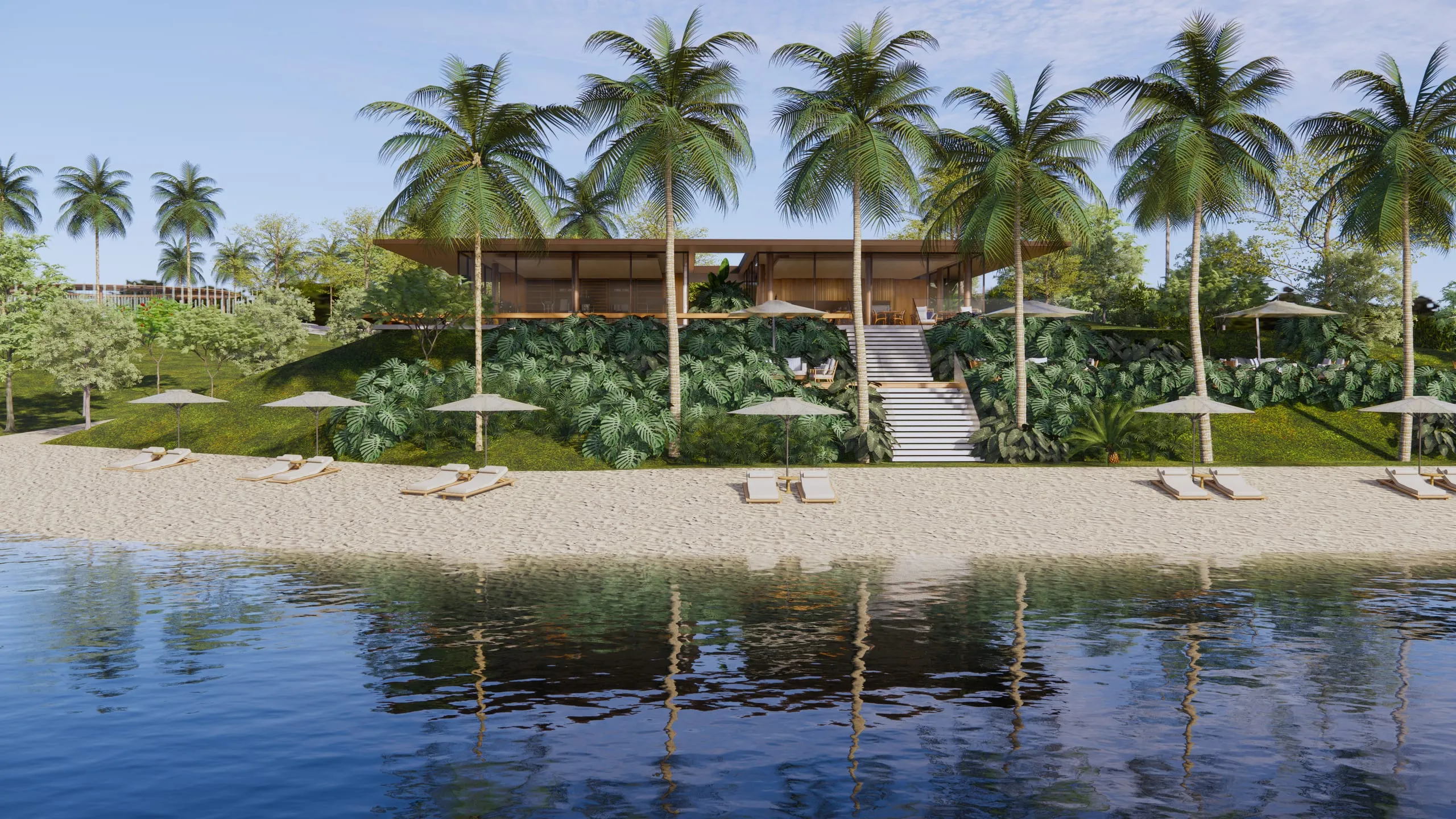 Beach club com praia artificial na margem da lagoa, restaurante envidraçado entre coqueiros (perspectiva artística)