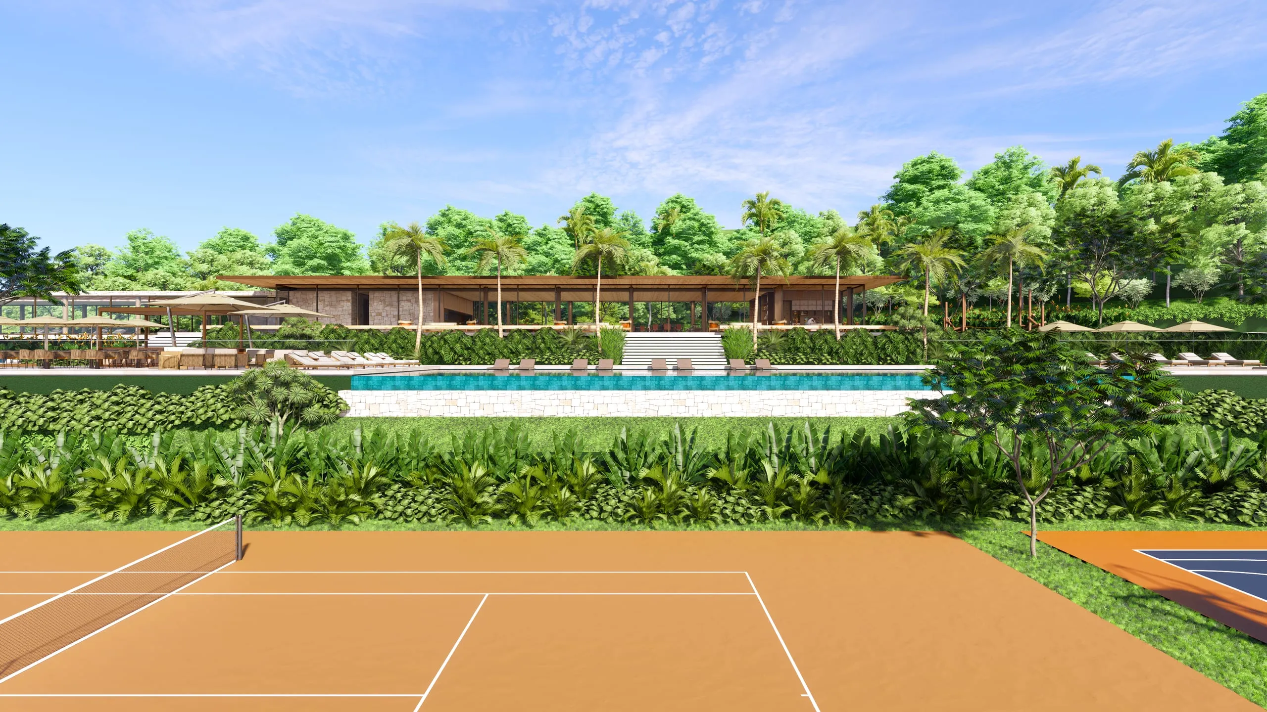 Clube social com quadras de tênis de saibro, quadra poliesportiva e piscina com borda infinita (perspectiva artística)