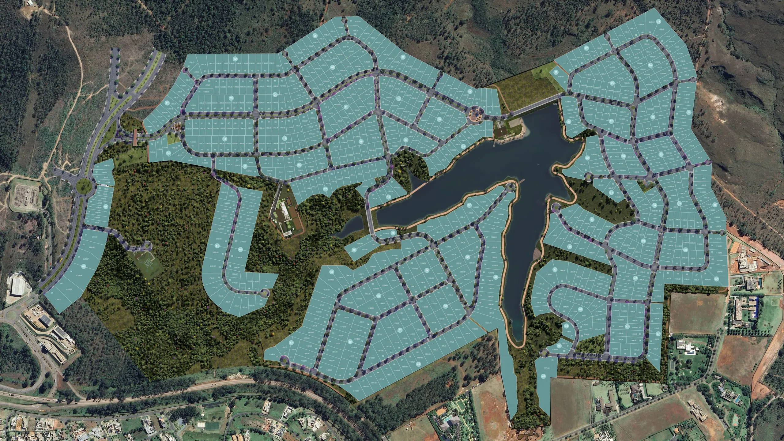 Implantação geral do Águas Residence, com a lagoa central, os núcleos de lazer e as quadras de lotes (perspectiva artística)