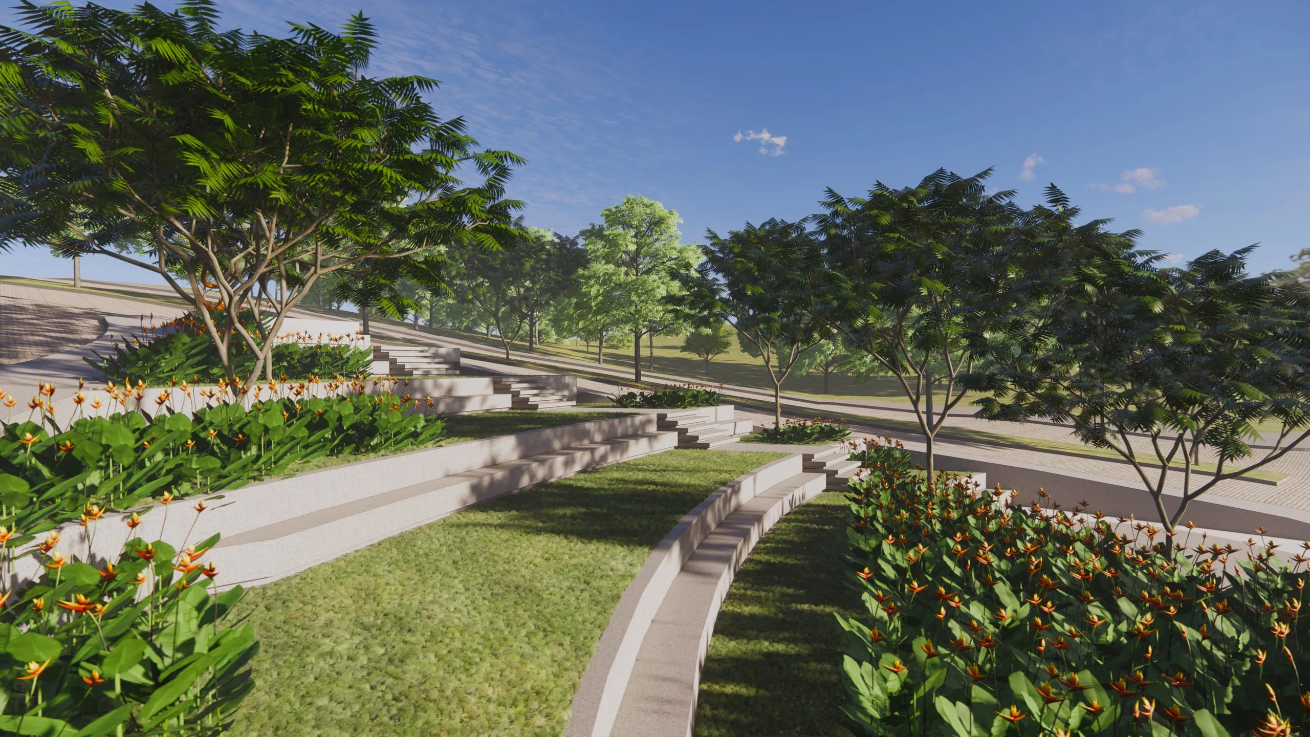 Praça do Sol com jardins em platôs floridos e caminhos entre áreas verdes (perspectiva artística)